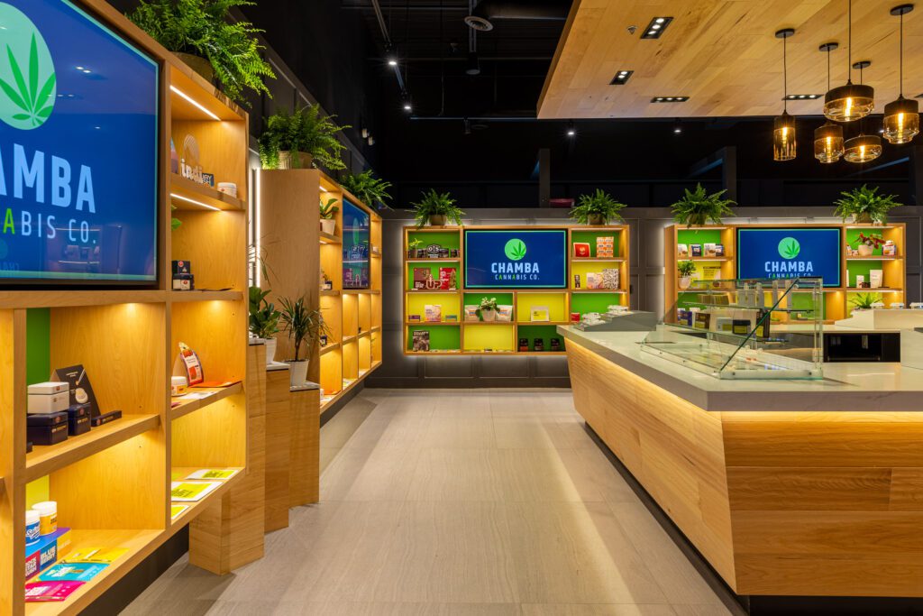Detailed view of Chamba Co. Brampton's cannabis product shelves and modern lighting.