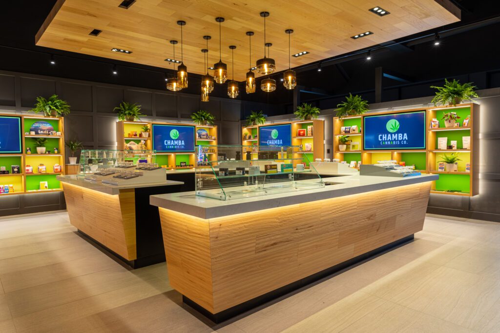 Wide-angle shot of Chamba Co. Brampton's stylish cannabis store interior.