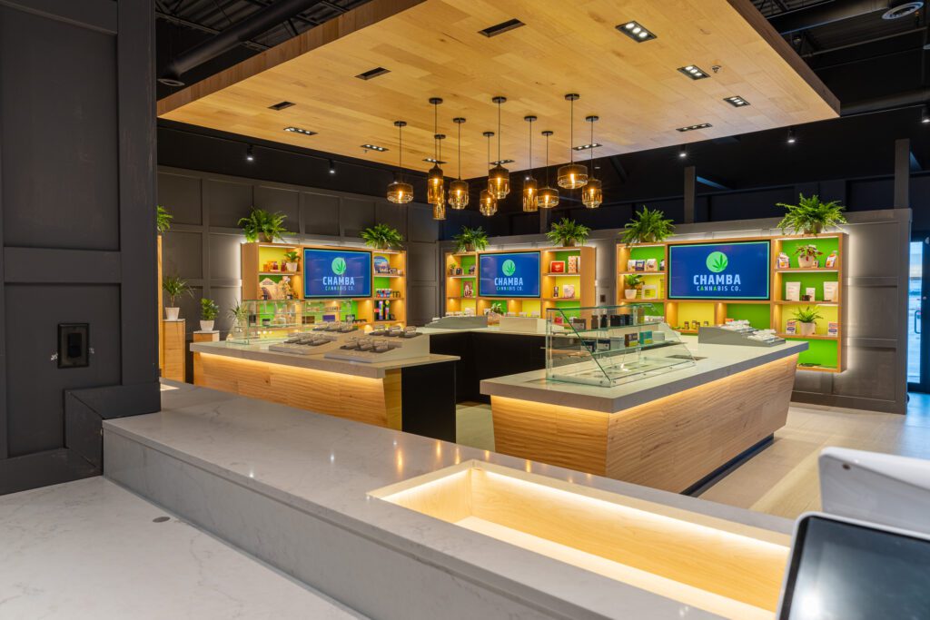 Chamba Co. Brampton's cannabis display counters and product shelves.
