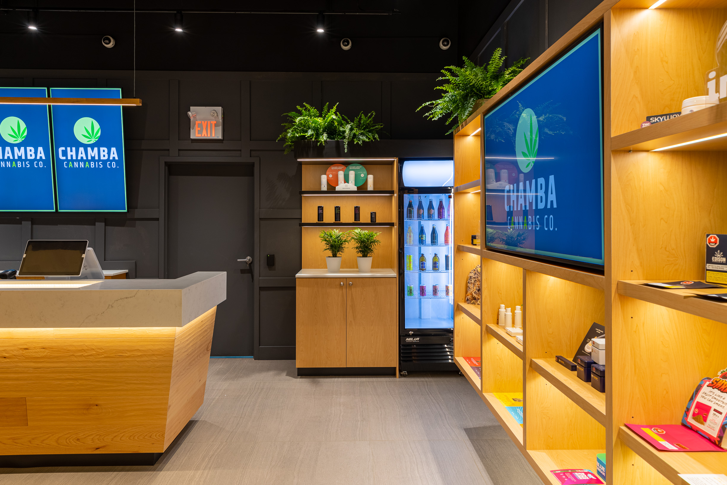 Product cooler and display shelves at Chamba Cannabis Co. Brampton store.