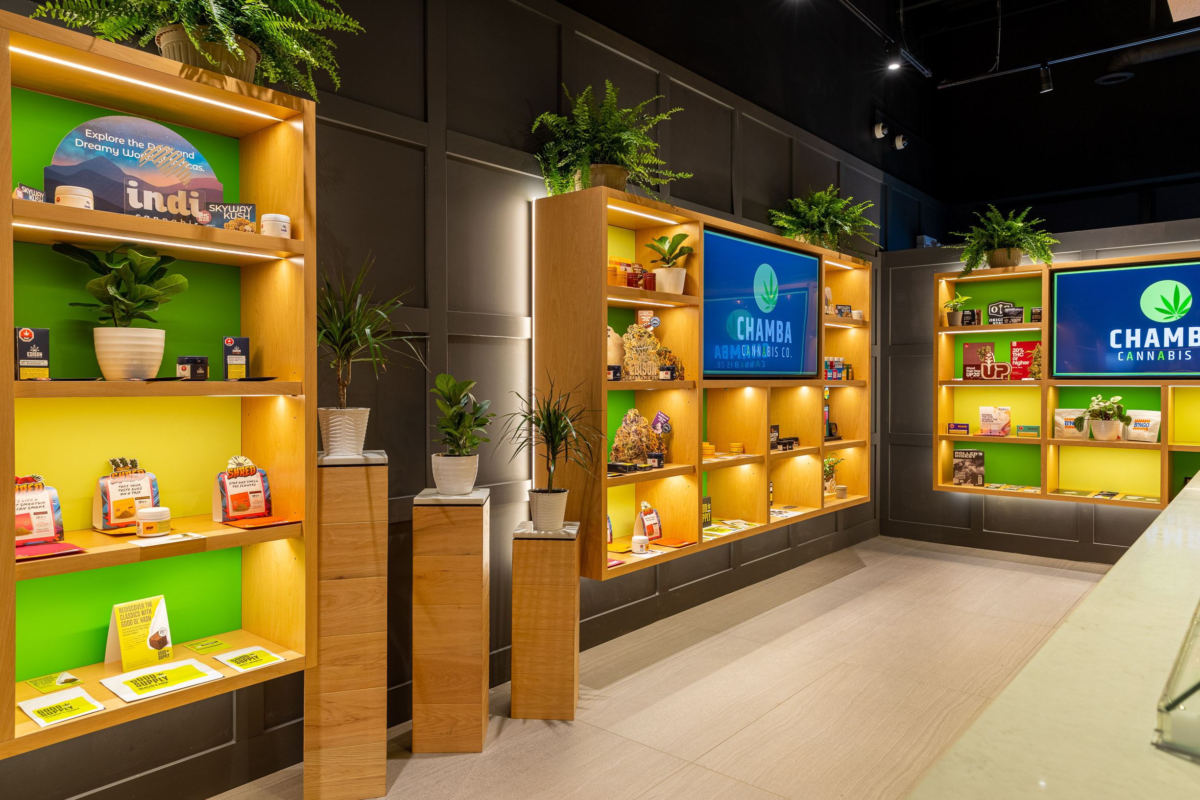 Display shelves with cannabis products and accessories at Chamba Cannabis Co. Brampton store.
